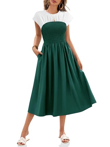 Wenrine Sommerkleid Damen Kurzarm Kleider Lang A-Linie Casual Maxikleid mit Taschen, Grün, M von Wenrine