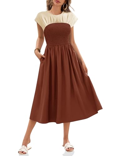 Wenrine Sommerkleid Damen Kurzarm Kleider Lang A-Linie Casual Maxikleid mit Taschen, Kaffee, L von Wenrine