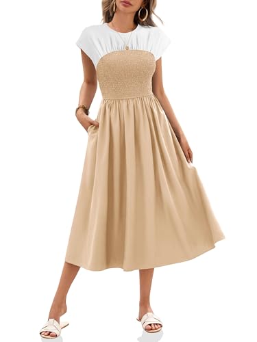 Wenrine Sommerkleid Damen Kurzarm Kleider Lang A-Linie Casual Maxikleid mit Taschen, Khaki, XXL von Wenrine