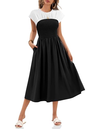 Wenrine Sommerkleid Damen Kurzarm Kleider Lang A-Linie Casual Maxikleid mit Taschen, Schwarz, S von Wenrine