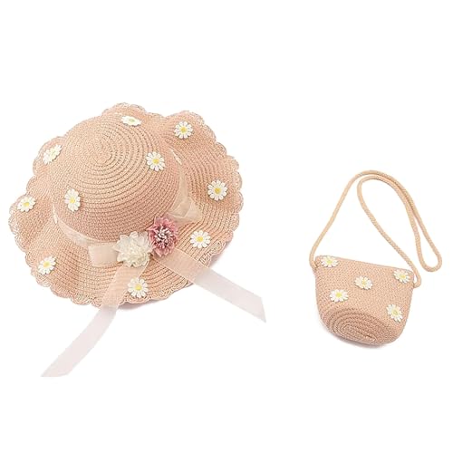 Wenrou Mädchen Alter Und Strohhut, Strohhut Und Kleine Tasche Set, Strandhut Kinder, Hut Und Kleine Tasche Set, Mädchen Strohhut Mütze, Ideal Für Reisen, Strand, Outdoor, Alltagskleidung (Rosa) von Wenrou