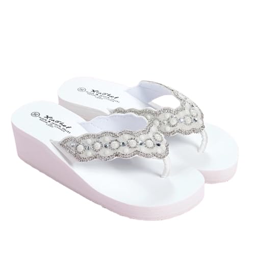 Wensmy Damen-Flip-Flops, Keilabsatz, 5 cm, mit Perlen-Diamant-Riemen, rutschfest, Strandschuhe, Slipper, Zehensteg, Hausschuhe, weiß, 38.5 EU von Wensmy