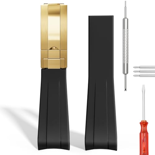 Wentokye 20 mm gebogenes Gummiarmband für Damen und Herren, Ersatz für Rolex, Tudor, Omega und Seiko, Farben: Schwarz-Goldschnalle Wentokye 20 mm gebogenes Gummiarmband für Damen und Herren, Ersatz für Rolex, Tudor, Omega und Seiko, Farben: Schwarz-Goldschnalle von Wentokye
