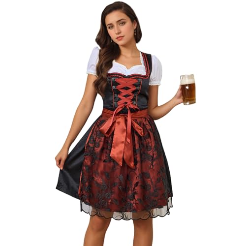 Wentsent Dirndl Damen Midi Trachtenkleid Damen Dirndlkleid mit Spitze Trachtenmode inkl. Dirndlschürze für Oktoberfest Karneval Besondere Anlässe von Wentsent
