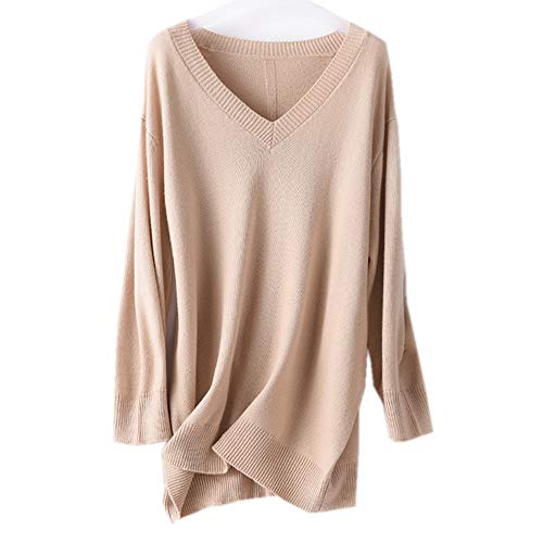 Wenwenma Damen Kaschmir-Pullover V-Ausschnitt Lange Lose Pullover Lässige Mode Langarm-Pullover (Beige, X-Large) von Wenwenma