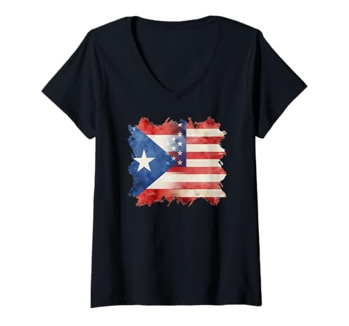 Damen Halbe puertoricanische und amerikanische Flagge Boricua Roots USA T-Shirt mit V-Ausschnitt Damen Halbe puertoricanische und amerikanische Flagge Boricua Roots USA T-Shirt mit V-Ausschnitt von Wepa Rico America USA Proud Boricua Taino Heritage