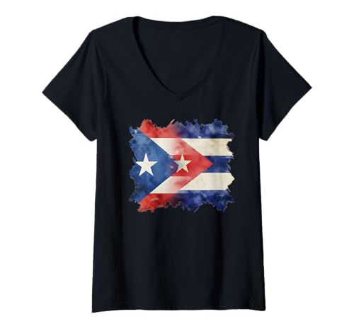 Damen Halbe puertoricanische und kubanische Flagge kubarikanische Wurzeln kombinieren T-Shirt mit V-Ausschnitt von Wepa Rico Cuba Proud Boricua Taino Heritage