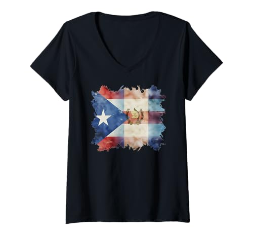 Damen Halbe puertoricanische und guatemaltekische Flagge Boricua-Wurzeln kombinieren T-Shirt mit V-Ausschnitt Damen Halbe puertoricanische und guatemaltekische Flagge Boricua-Wurzeln kombinieren T-Shirt mit V-Ausschnitt von Wepa Rico Guatemala Proud Boricua Taino Heritage