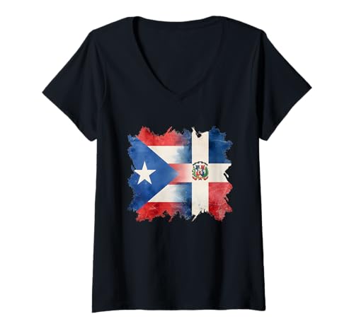 Damen Halbe puertoricanische und dominikanische Dominirikanische Flagge kombinieren T-Shirt mit V-Ausschnitt Damen Halbe puertoricanische und dominikanische Dominirikanische Flagge kombinieren T-Shirt mit V-Ausschnitt von Wepa Rico Panama Proud Boricua Taino Heritage