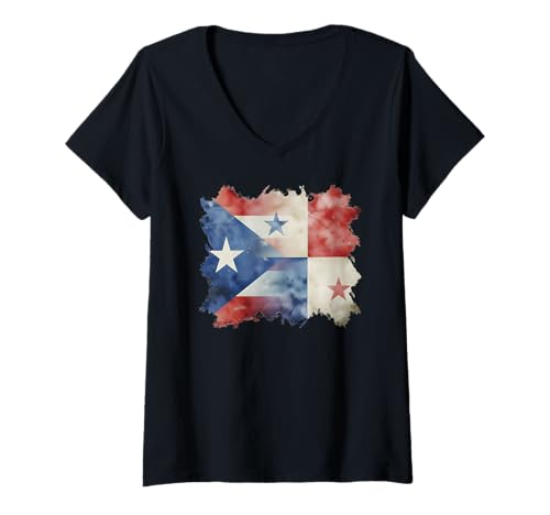 Damen Halbe puertoricanische und panamaische Panarikanische Flagge kombinieren T-Shirt mit V-Ausschnitt Damen Halbe puertoricanische und panamaische Panarikanische Flagge kombinieren T-Shirt mit V-Ausschnitt von Wepa Rico Panama Proud Boricua Taino Heritage