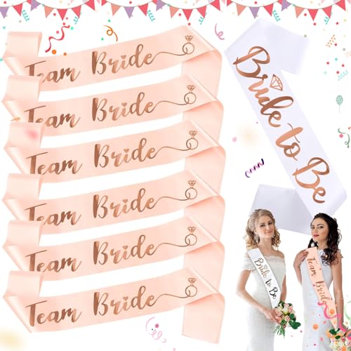 Weploda 7 Stück Braut Schärpe, Team Bride Schärpe, Bride To Be Schärpe, Team Braut Schärpe, 1 Stück Weiße Braut- Und 6-Teilige Team-Brautgürtel Für Damen-Party-Hochzeitsfeier von Weploda
