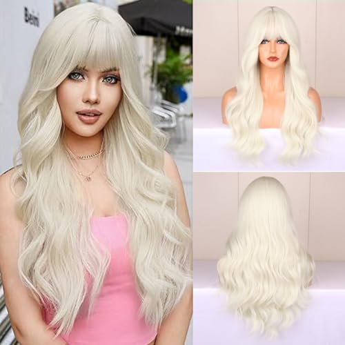 Wepwcod Lange Welle Platinumblonde Perücke Fasching Synthetische Perücke für Frauen Perfekt für den täglichen und besonderen Anlass verwenden, Elegant Realistische Perücke Geeignet für Party von Wepwcod