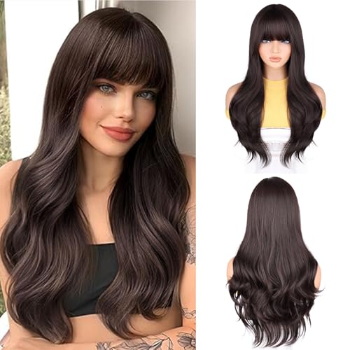 Wepwcod Lange Welle Dunkelbraun Perücke Fasching Synthetische Perücke für Frauen Perfekt für den täglichen und besonderen Anlass verwenden, Elegant Realistische Perücke Geeignet für Party von Wepwcod