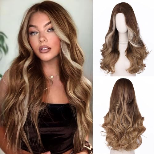 Wepwcod Lange Welle Braun Perücke Fasching Synthetische Perücke für Frauen Perfekt für den täglichen und besonderen Anlass verwenden, Elegant Realistische Perücke Geeignet für Party von Wepwcod