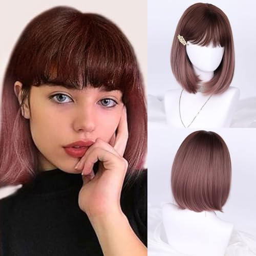 Wepwcod Ombre Rosa Perücken für Frauen Kurze Bob Perücken mit Pony für Damen Schulter Lange Bob Synthetic Perücken Mit Fransen für die Tägliche Party Cosplay Verwendung von Wepwcod