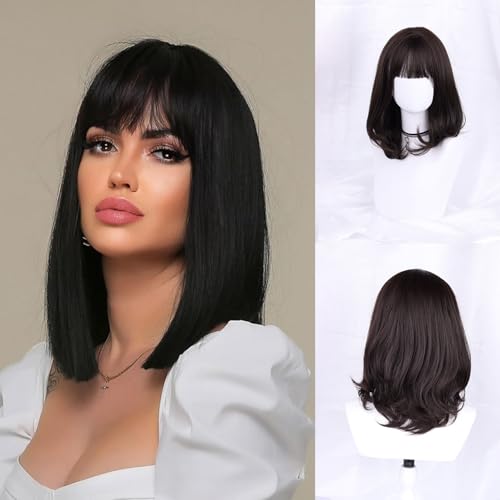 Wepwcod Dunkelbraun Bob Perücken für Frauen Kurze Bob Perücken mit Pony für Damen Schulter Lange Bob Synthetic Perücken Mit Fransen für die Tägliche Party Cosplay Verwendung von Wepwcod