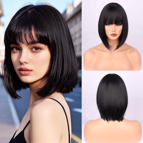 Wepwcod Schwarze Bob Perücken für Frauen Kurze Bob Perücken mit Pony für Damen Schulter Lange Bob Synthetic Perücken Mit Fransen für die Tägliche Party Cosplay Verwendung von Wepwcod