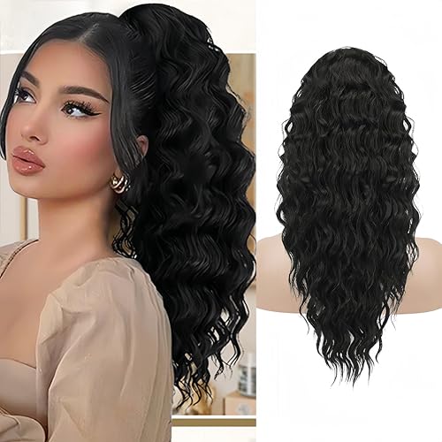 Schwarz Drawstring Ponytail Extension for Women Lang Lockige Wellige Pferdeschwanz Haarverlängerung mit Kordelzug für Damen Pferdeschwanz mit Kordelzug Haarverlängerungen von Wepwcod
