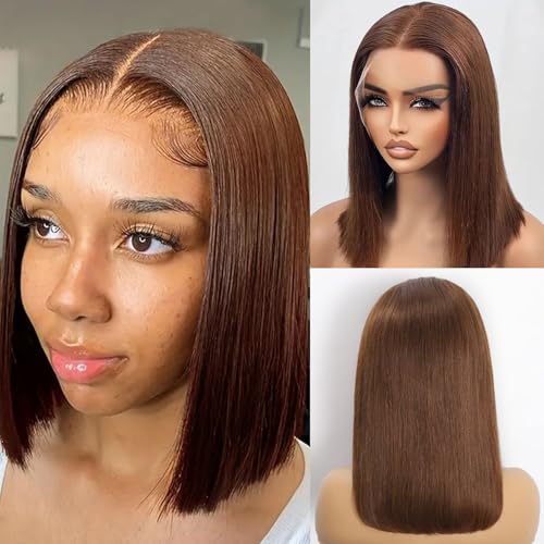 Wepwcod Echthaar Perücke 13x4 HD Lace Front Bob Wig Human Hair 180% Density Brazilian Straight Bob Wigs with Baby Hair Chocolate Brown Perücke Damen Glueless Wig Human Hair Pre Plucked Perücke Damen von Wepwcod