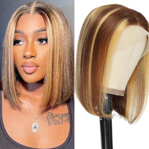 Wepwcod Echthaar Perücke 13x4 HD Lace Front Bob Wig Human Hair 180% Density Brazilian Straight Bob Wigs with Baby Hair Highlight Blonde Perücke Damen Glueless Wig Human Hair Pre Plucked Perücke Damen von Wepwcod
