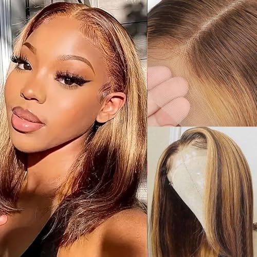 Wepwcod Echthaar Perücke 13x4 HD Lace Front Bob Wig Human Hair 180% Density Brazilian Straight Bob Wigs with Baby Hair Highlight Browne Perücke Damen Glueless Wig Human Hair Pre Plucked Perücke Damen von Wepwcod