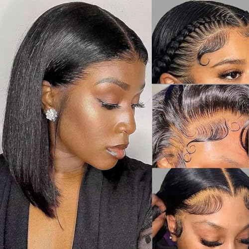 Wepwcod Echthaar Perücke 13x4 HD Lace Front Bob Wig Human Hair 180% Density Brazilian Straight Bob Wigs with Baby Hair Schwarze Perücke Damen Glueless Wig Human Hair Pre Plucked Perücke Damen Echthaar von Wepwcod