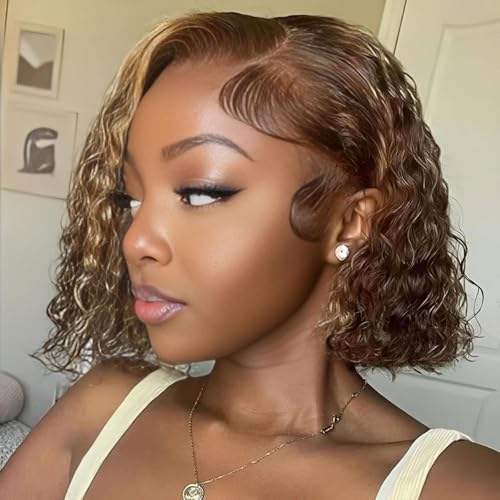 Wepwcod Echthaar Perücke 13x4 HD Lace Front Bob Wig Human Hair 180% Density Brazilian Water Wave Bob Wigs with Baby Hair Highlight Blonde Perücke Damen Glueless Wig Human Hair Pre Plucked Perücke von Wepwcod