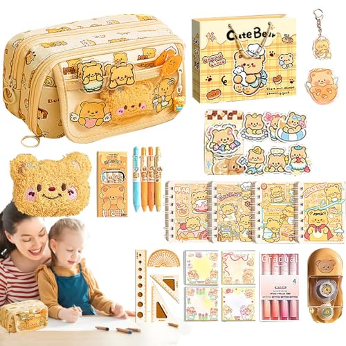 Weqizuerqi Federmäppchen mit Bleistiftbox, Make-up-Tasche, ästhetischer Stifthalter, großes Schreibwaren-Set, Butterbären-Set, siehe Beschreibung von Weqizuerqi