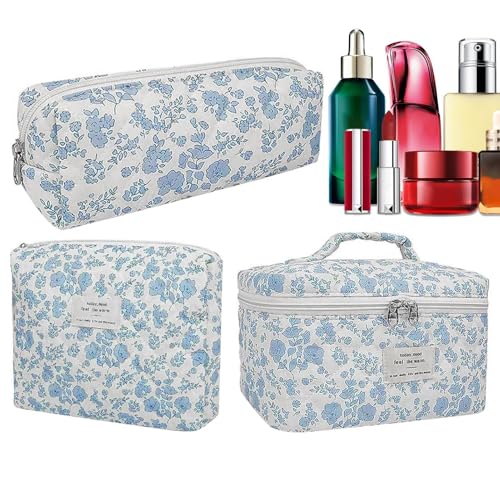 Weqizuerqi Reise-Make-up-Organizer-Tasche, gestepptes Make-up-Taschen-Set,3X Toilettenartikel Kosmetiktasche mit Blumenmuster | Niedlicher Blauer Blumendruck-Make-up-Beutel für Reise-Hautpflege, von Weqizuerqi