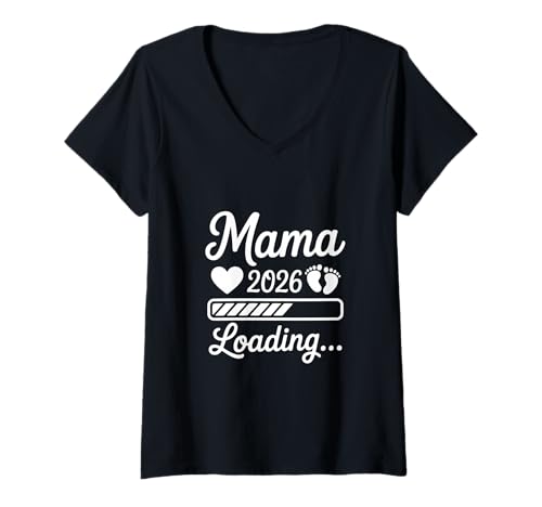 Damen Mama 2026 Loading Schwangerschaftsverkündung Muttertag T-Shirt mit V-Ausschnitt von Werdende Eltern Geschenke Mama 2026 & Papa 2026