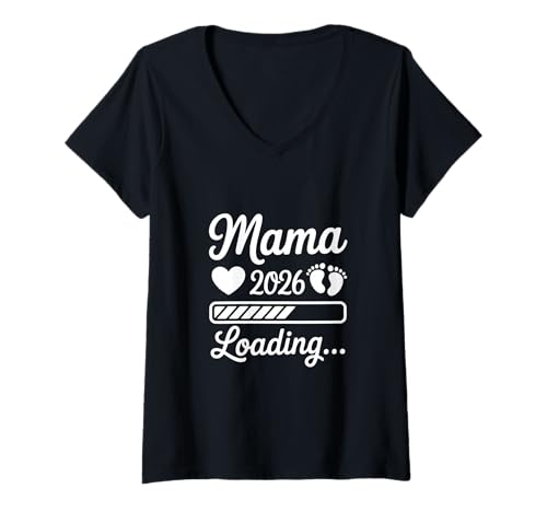 Damen Mama 2026 Loading Schwangerschaftsverkündung Muttertag T-Shirt mit V-Ausschnitt von Werdende Eltern Geschenke Mama 2026 & Papa 2026