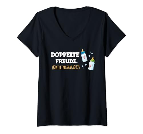 Damen VATER VON ZWILLINGEN DOPPELTE FREUDE Lustiges Zwillingspapa T-Shirt mit V-Ausschnitt von Werdender Papa Geschenk Vater Zwillinge im Bauch