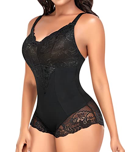 Spitzen-Shapewear Body für Damen, Bauchkontrolle, Bodysuit, Schlankheits-Body, #1 schwarze Spitze, M von Werena