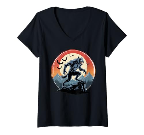 Damen Werwolf Halloween Shirt Gruseliger Vollmond Gruseliger Horror T-Shirt mit V-Ausschnitt Damen Werwolf Halloween Shirt Gruseliger Vollmond Gruseliger Horror T-Shirt mit V-Ausschnitt von Werewolf Halloween Tee Shirts for Spooky Horror