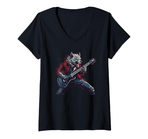 Damen Rock On mit diesem Wilden Werwolf E-Gitarren-Look T-Shirt mit V-Ausschnitt Damen Rock On mit diesem Wilden Werwolf E-Gitarren-Look T-Shirt mit V-Ausschnitt von Werewolf Rock