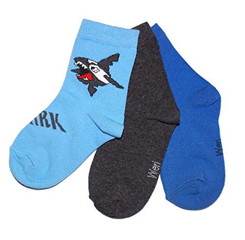 Weri Spezials Baby und Kinder Socken für Jungen Baumwolle in 3er Pack Sets mehrere funny Designs (35-38, Mittelblau Shark 3er) von Weri Spezials