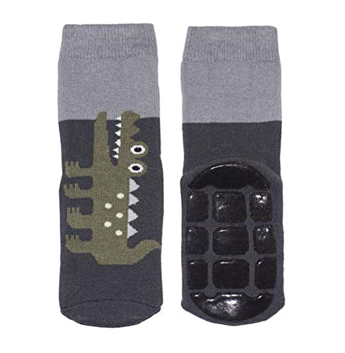 Weri Spezials Baby und Kinder Voll Frotee Anti-Rutsch Stopper Socken für Jungen Baumwolle Ferne Reise (31-34, Dunkelgrau Krokodil) von Weri Spezials