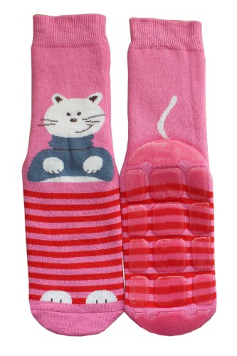 Weri Spezials Baby und Kinder Voll-ABS Voll-Frotee Anti-Rutsch Socken für Jungen und Mädchen - Hund und Katze! In verschiedenen Muster- und Farbvariationen. (23-26, Rosa Katze) von Weri Spezials