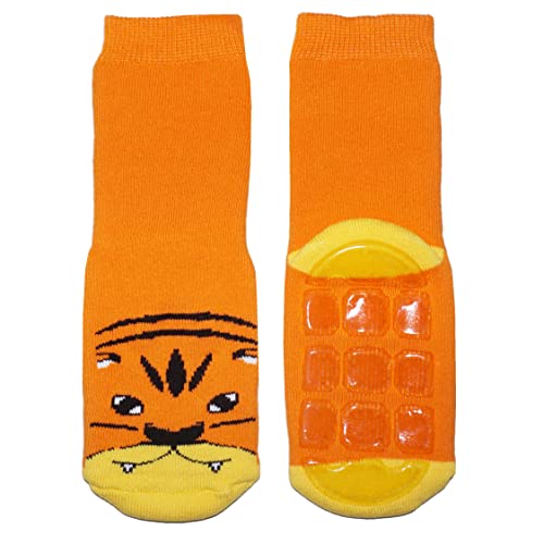 Weri Spezials Baby und Kinder Voll Frotee Anti-Rutsch Stopper Socken für Jungen Baumwolle Ferne Reise (31-34, Orange Tieger) von Weri Spezials