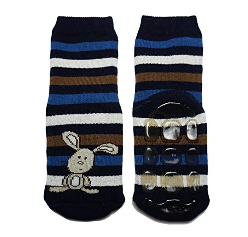 Weri Spezials Baby und Kinder Voll Frotee Anti-Rutsch Stopper Socken für Jungen Hasen Muster (17-18, Marine Hase-Ringel) von Weri Spezials