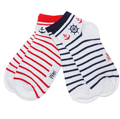 Weri Spezials Kinder Sneaker Socken für Jungen und Mädchen Baumwolle in 2er Sets Doppelpack farbige Design (35-38, Weiß Anker 2er) von Weri Spezials