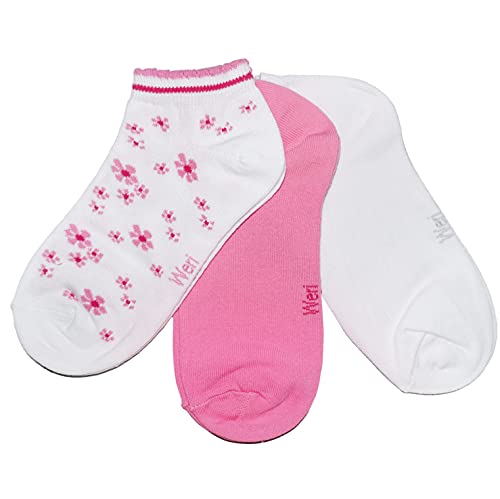 Weri Spezials Kinder Sneaker Socken für Mädchen Baumwolle in 3er Pack Sets mehrere Blumen Design und Uni Glatt (31-34, Weiß+Rosa Blümchen 3er) von Weri Spezials