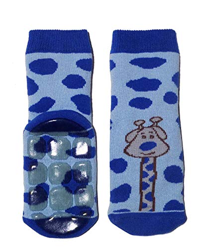 Weri Spezials Kinder Stoppersocken aus Baumwolle für Jungen und Mädchen Ferne Reise ABS Sohle Anti-Rutsch Frottee Haussocken (23-26, Mittelblau Giraffe) von Weri Spezials