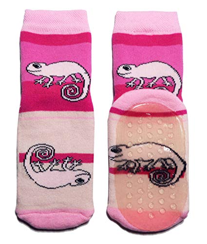 Weri Spezials Kinder Stoppersocken aus Baumwolle für Jungen und Mädchen mit Chamäleon Motiv ABS Sohle Anti-Rutsch Frottee Haussocken (23-26, Rosa) von Weri Spezials