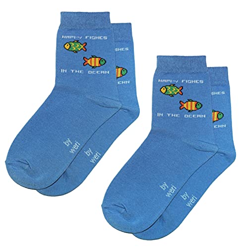Weri Spezials Kindersocken für Jungen in Baumwolle im Doppelpack mehrere Designs (31-34, Mittelblau Nette Fische 2er) von Weri Spezials
