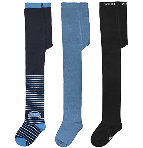 Weri Spezials Kinderstrumpfhosen 3-er Pack aus ökologische Baumwolle für Jungen mit Autos un Einfarbig Uni Motiv Baby Kinder (as3, numeric, numeric_122, numeric_128, regular, Marine-Auto-Set) von Weri Spezials
