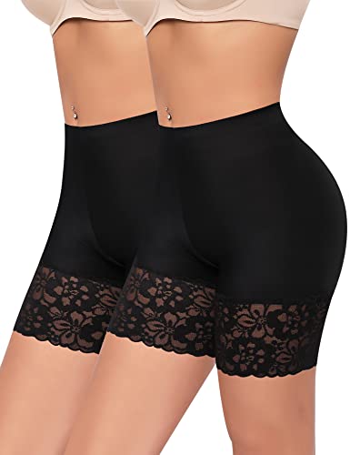 Werkiss Anti-Scheuer-Shorts für Damen, Chub-Rub-Shorts, Slip-Shorts für Unterkleider, Rock, glatte Sicherheitsspitzen-Strumpfhose, Unterwäsche, #1 Schwarz + Schwarz (lange Spitze), 46 von Werkiss