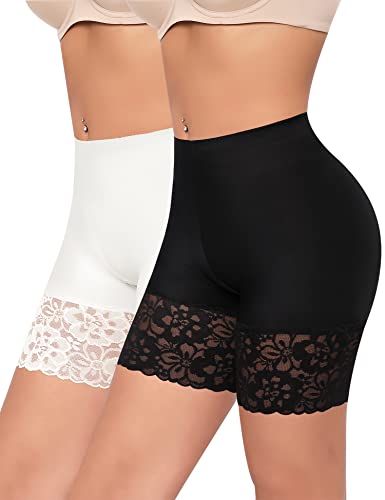 Werkiss Anti-Scheuer-Shorts für Damen, Chub-Rub-Shorts, Slip-Shorts für Unterkleider, Rock, glatte Sicherheitsspitzen-Strumpfhose, Unterwäsche, #1 Schwarz + Weiß (lange Spitze), 50 von Werkiss