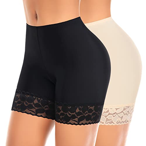 Werkiss Anti Scheuern Shorts Frauen Chub Rub Shorts Spitze Slip Shorts Lange Slips für Unter Kleider Röcke, #2 Schwarz+Nude (kurze Spitze), 42 von Werkiss