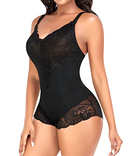 Werkiss Body für Damen, Schlankheitsgürtel, flacher Bauch, figurformend, Bodys, Shapewear, Bodysuit, Bauchkontrolle, Spitze, Dessous, Top, #2 Schwarz mit Spitze, 50 von Werkiss